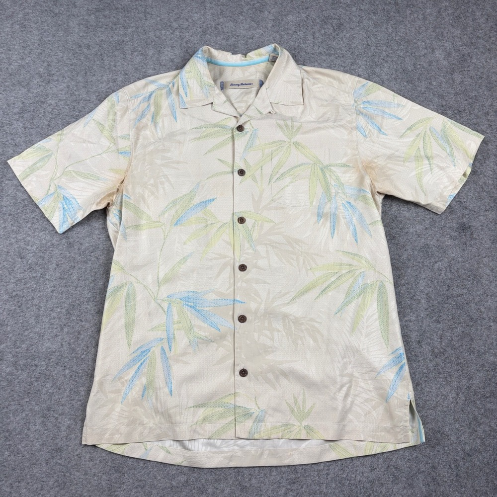 Tommy Bahama Shirt Mens Small Silk Bamboo Tropical‎ Hawaiian Aloha Beige Beach